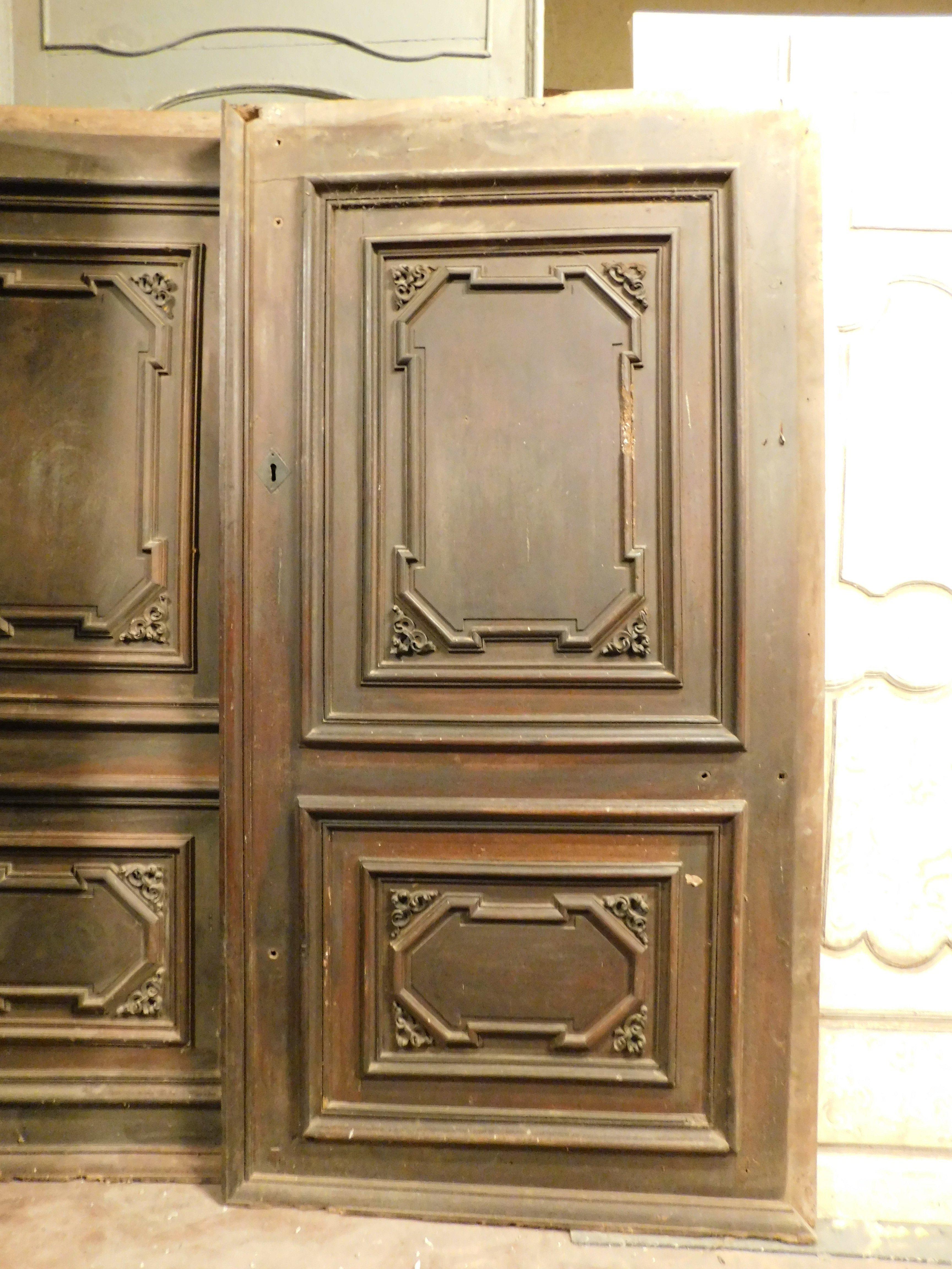 Walnut Set of 3 walnut doors, each with a single leaf with carved panels, Italy For Sale