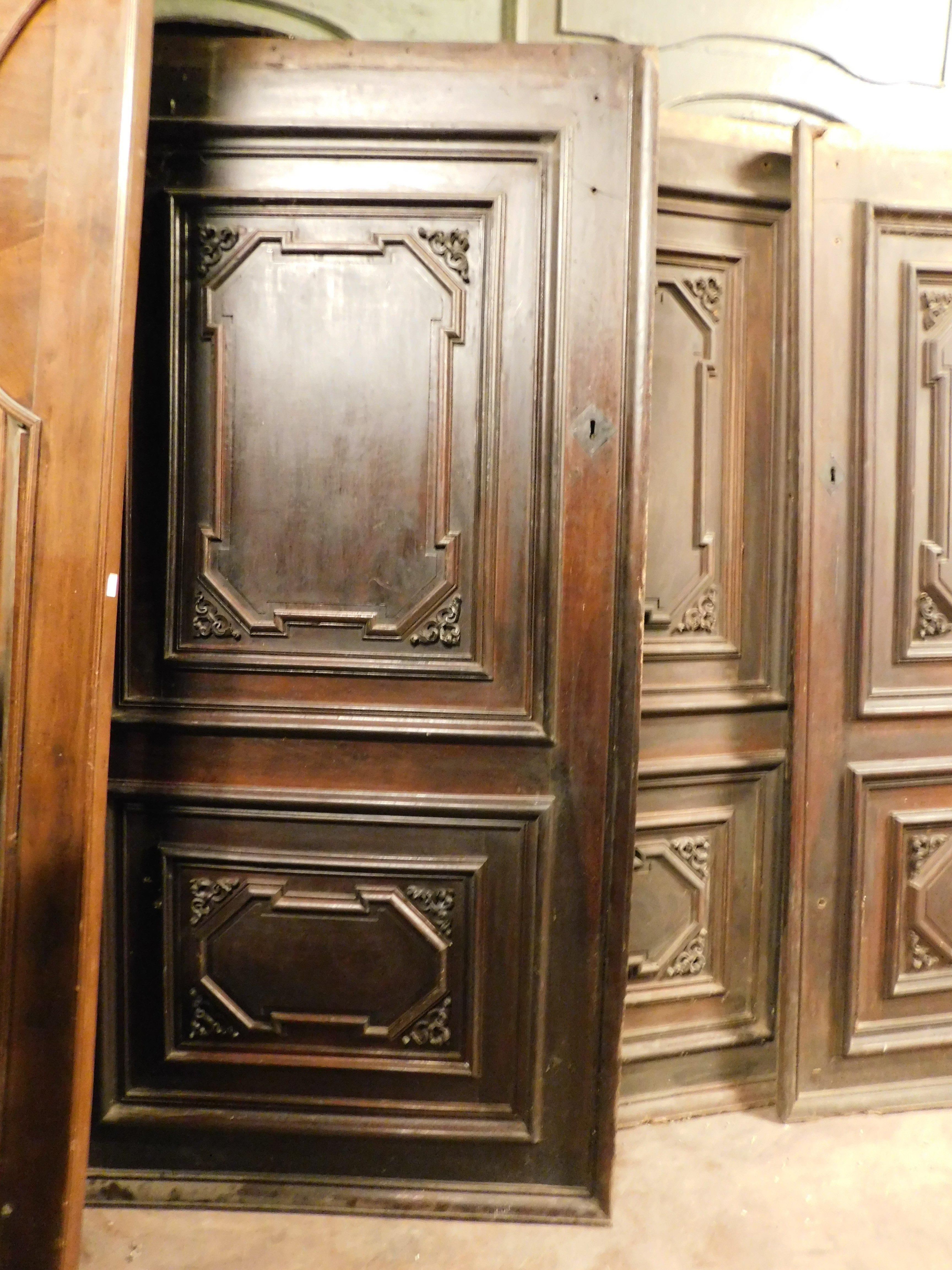 Set of 3 walnut doors, each with a single leaf with carved panels, Italy For Sale 1