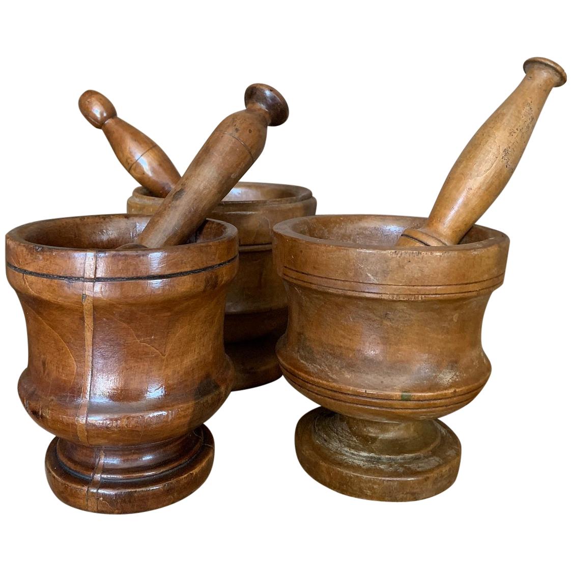 Set of 3 Walnut Mortars with Pestle For Sale