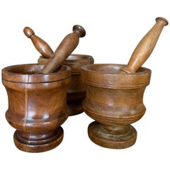 Antique Set of 3 Walnut Mortars with Pestle