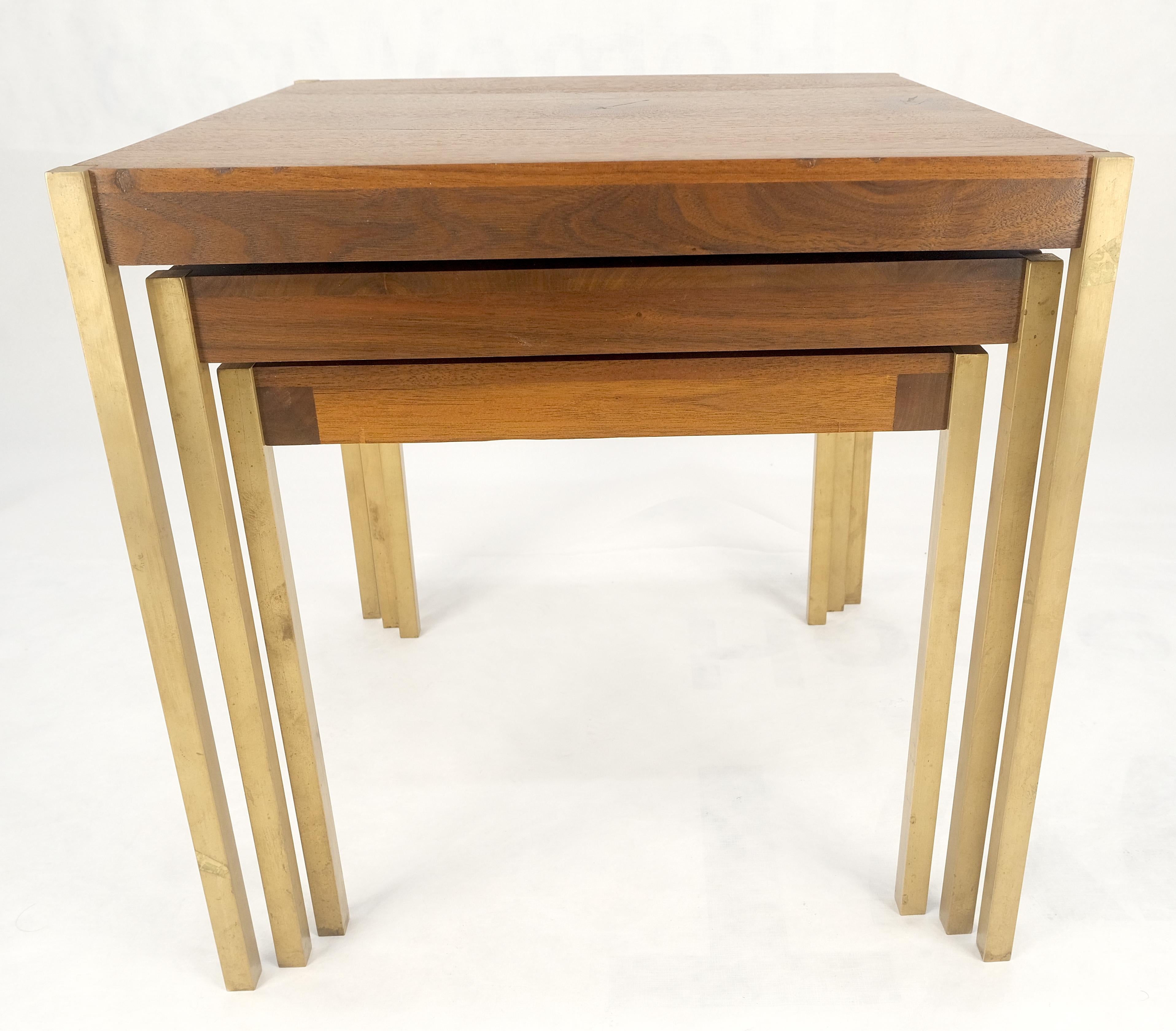 Set of 3 Walnut Nesting Tables on a Solid Brass Square Bar Leg MINT For Sale 5