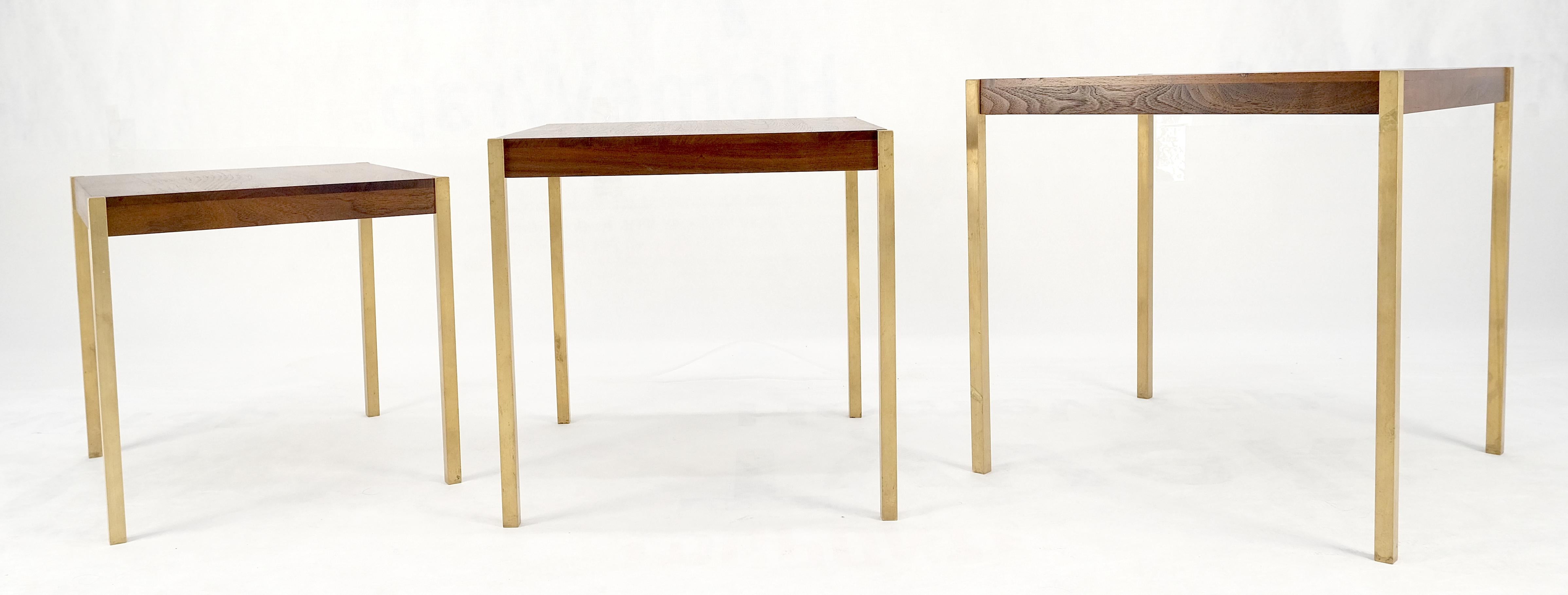 Unknown Set of 3 Walnut Nesting Tables on a Solid Brass Square Bar Leg MINT For Sale