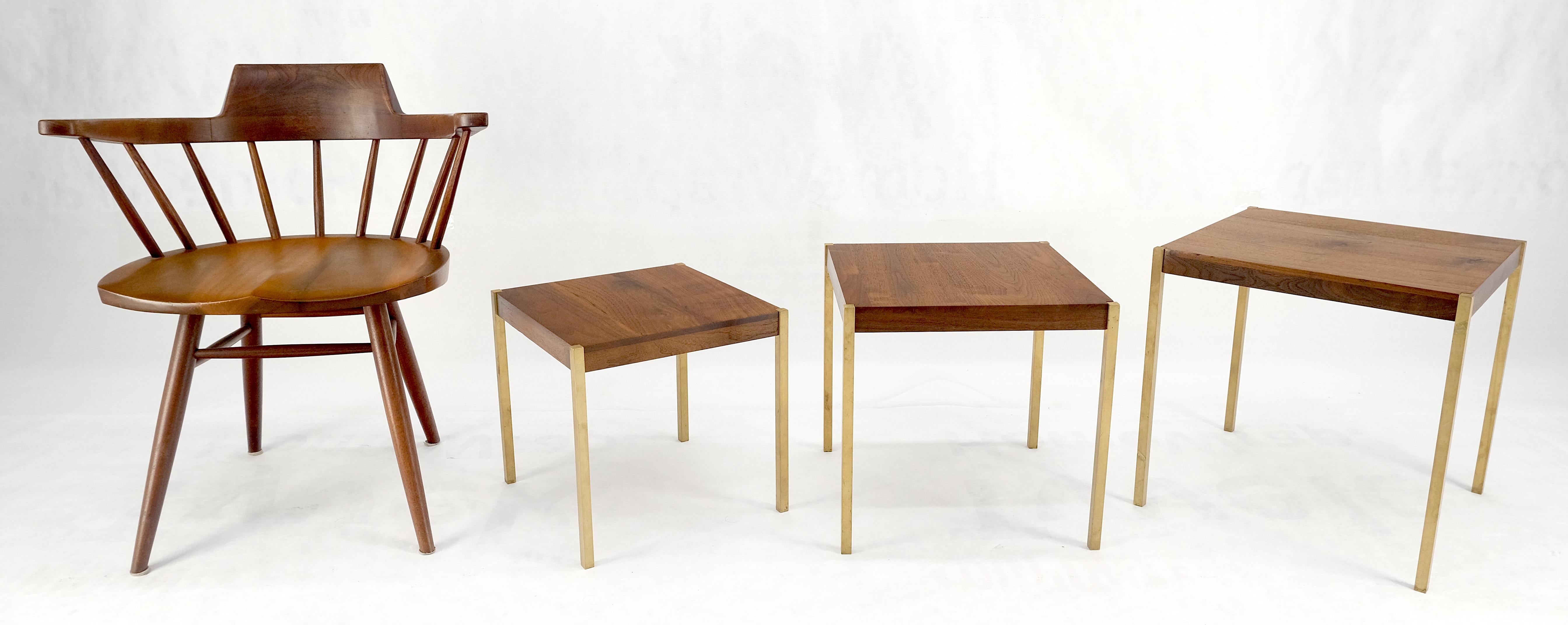 Lacquered Set of 3 Walnut Nesting Tables on a Solid Brass Square Bar Leg MINT For Sale