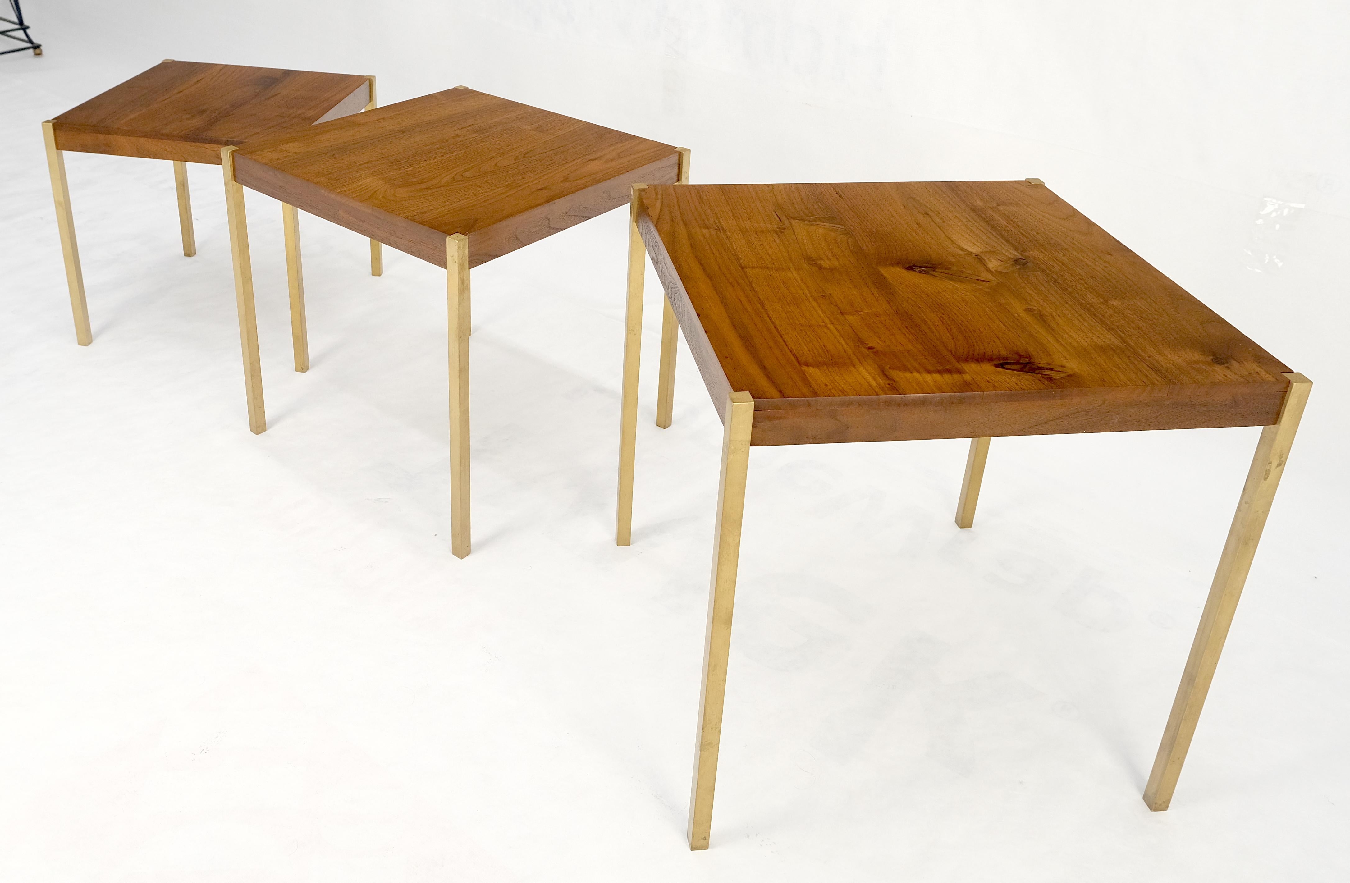 Contemporary Set of 3 Walnut Nesting Tables on a Solid Brass Square Bar Leg MINT For Sale