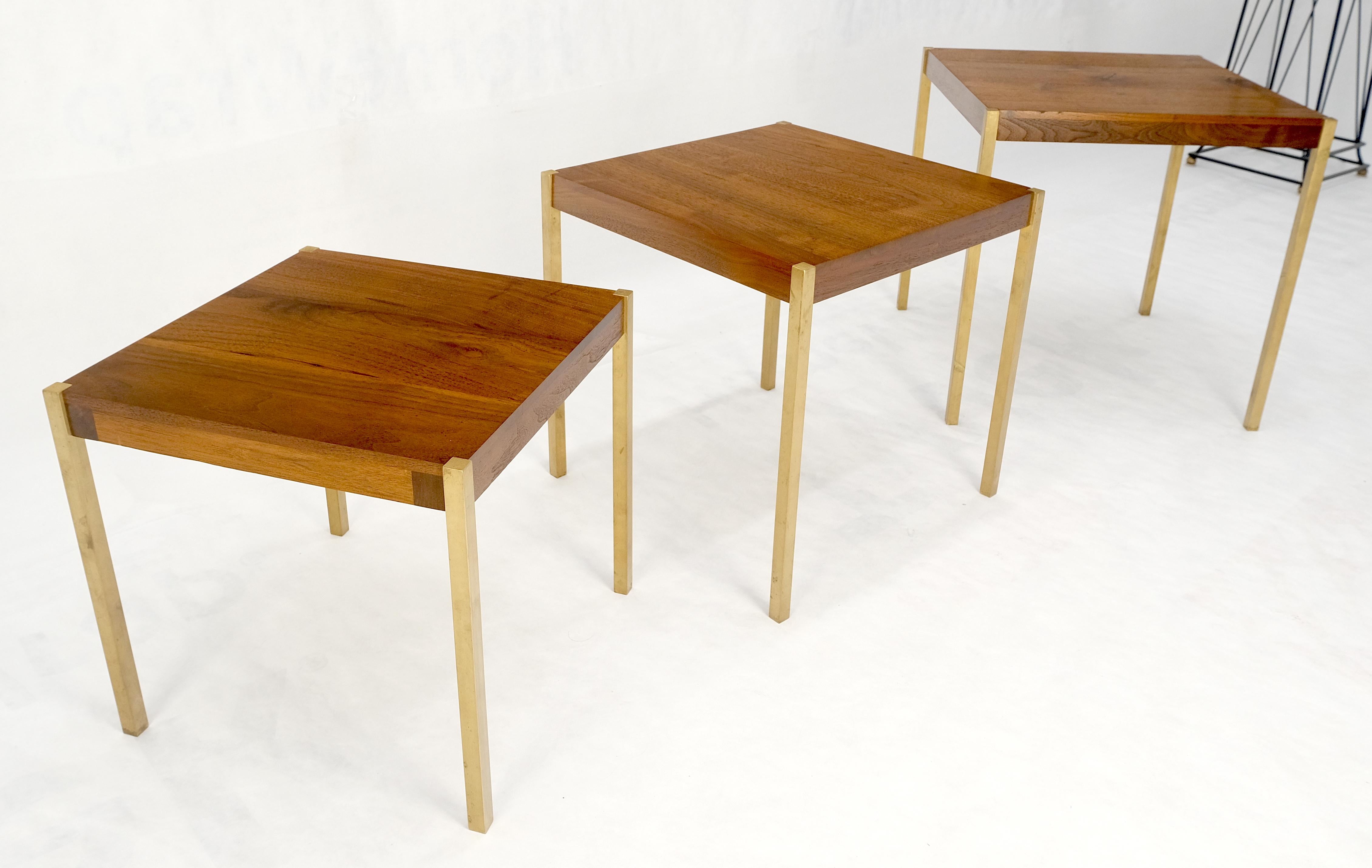 Set of 3 Walnut Nesting Tables on a Solid Brass Square Bar Leg MINT For Sale 1