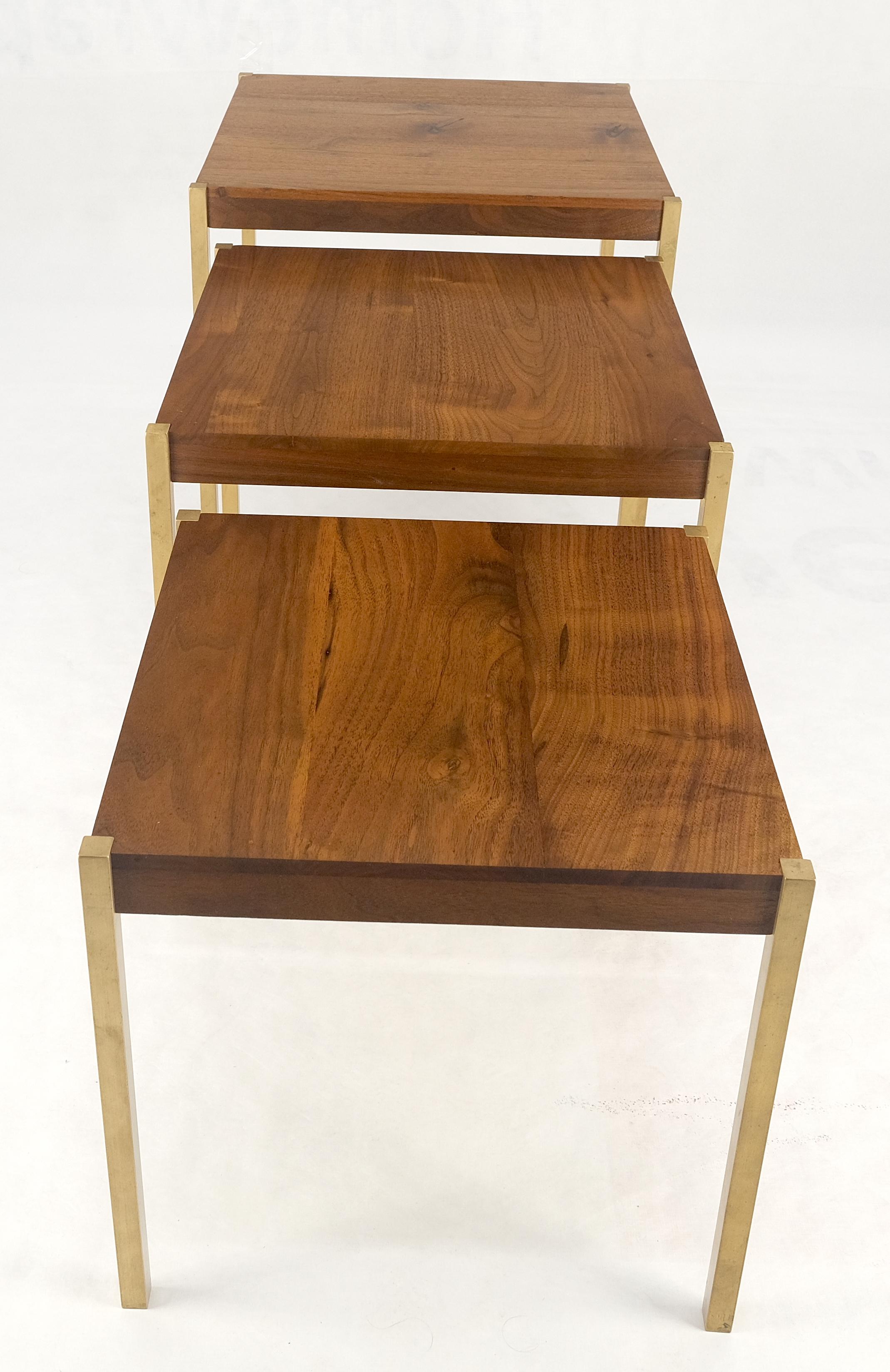 Set of 3 Walnut Nesting Tables on a Solid Brass Square Bar Leg MINT For Sale 3