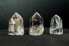 Set of 3 Water-Clear Lemurian Quartz Generators with Rare Hematite Inclusions