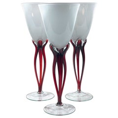 Set of 3 White and Red Fish Glasses - Murano Blown Glass from the 1980s