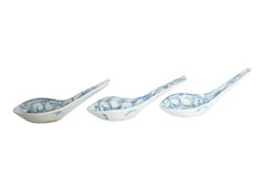 Set von 3 weißen und blauen chinesischen Keramik-/Porzellanlöffeln, doppelte Glücksbringer