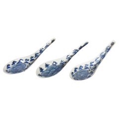 Antique Set of 3 White & Blue Chinese Ceramic / Porcelain Spoons, Floral Design