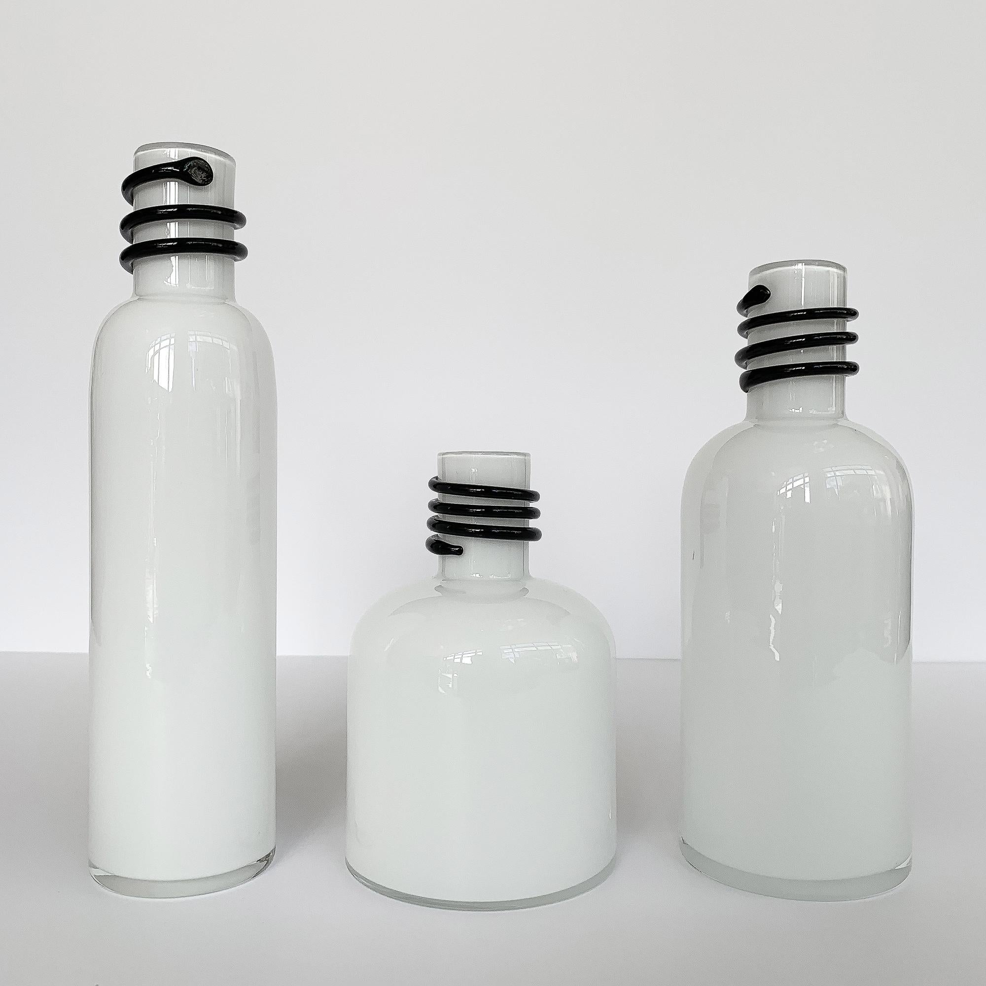 Post-Modern Set of 3 White Cased Glass Vases / Bottles by Tarnowiec