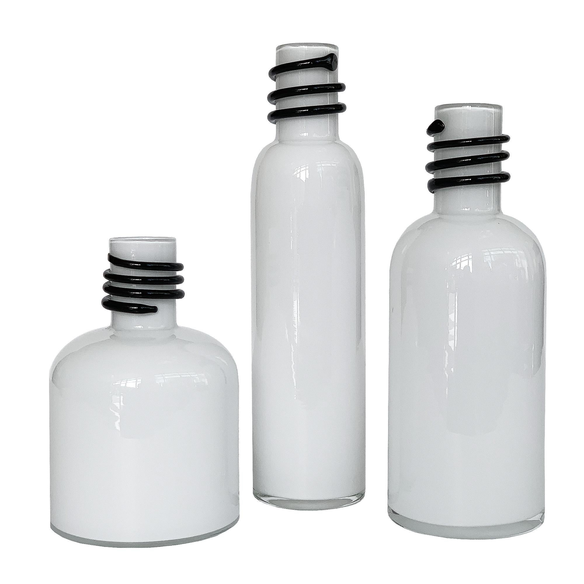 Set of 3 White Cased Glass Vases / Bottles by Tarnowiec