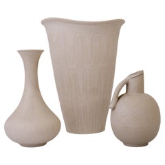 Set of 3 White Ceramic Vases Gunnar Nylund, Rörstrand Scandinavian Midcentury