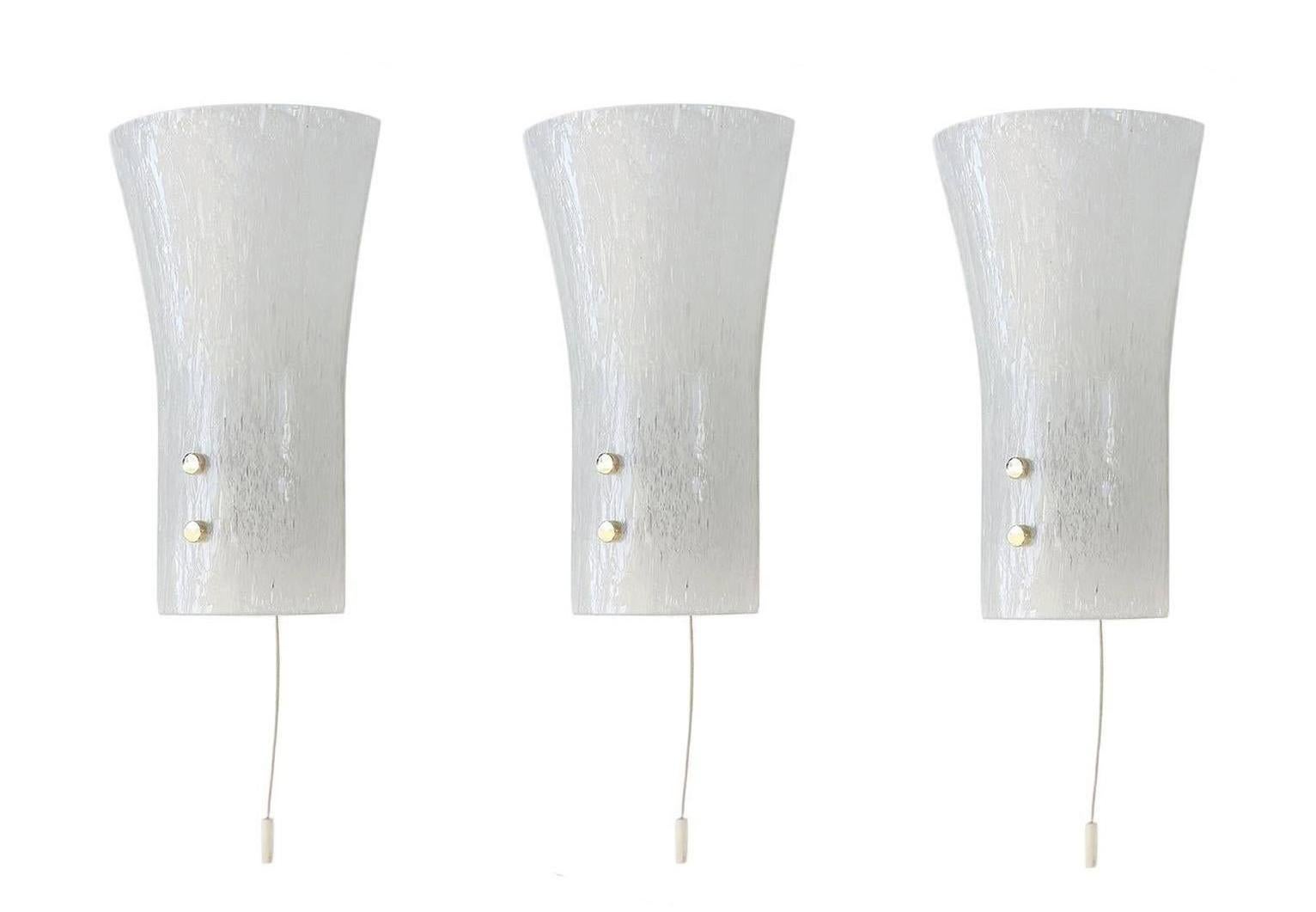 Hand-Crafted Set of 3 White Cone Murano Wall Sconces Glass & Brass by Doria, Germany, 1960s For Sale