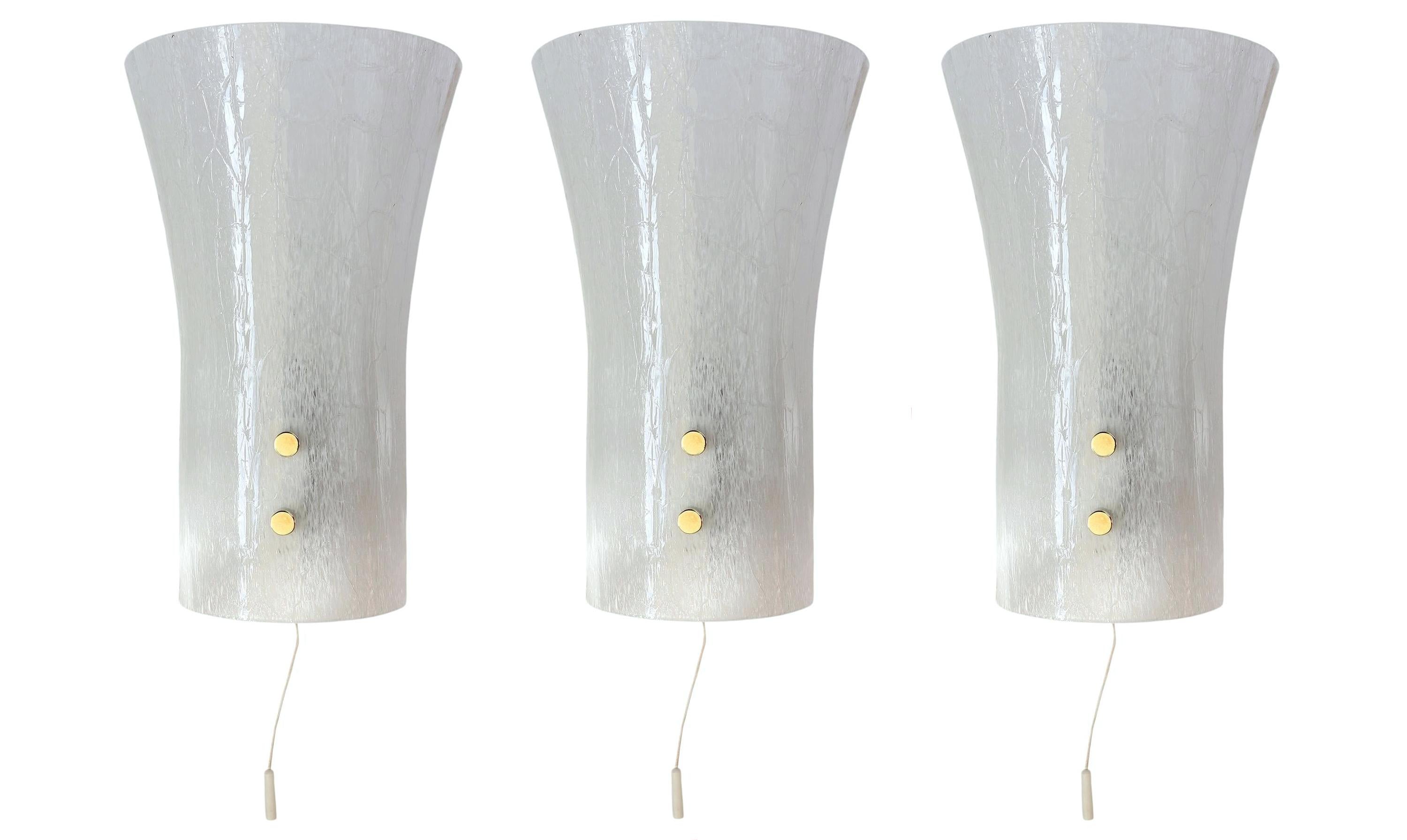 Set of 3 White Cone Murano Wall Sconces Glass & Brass by Doria, Germany, 1960s For Sale 2