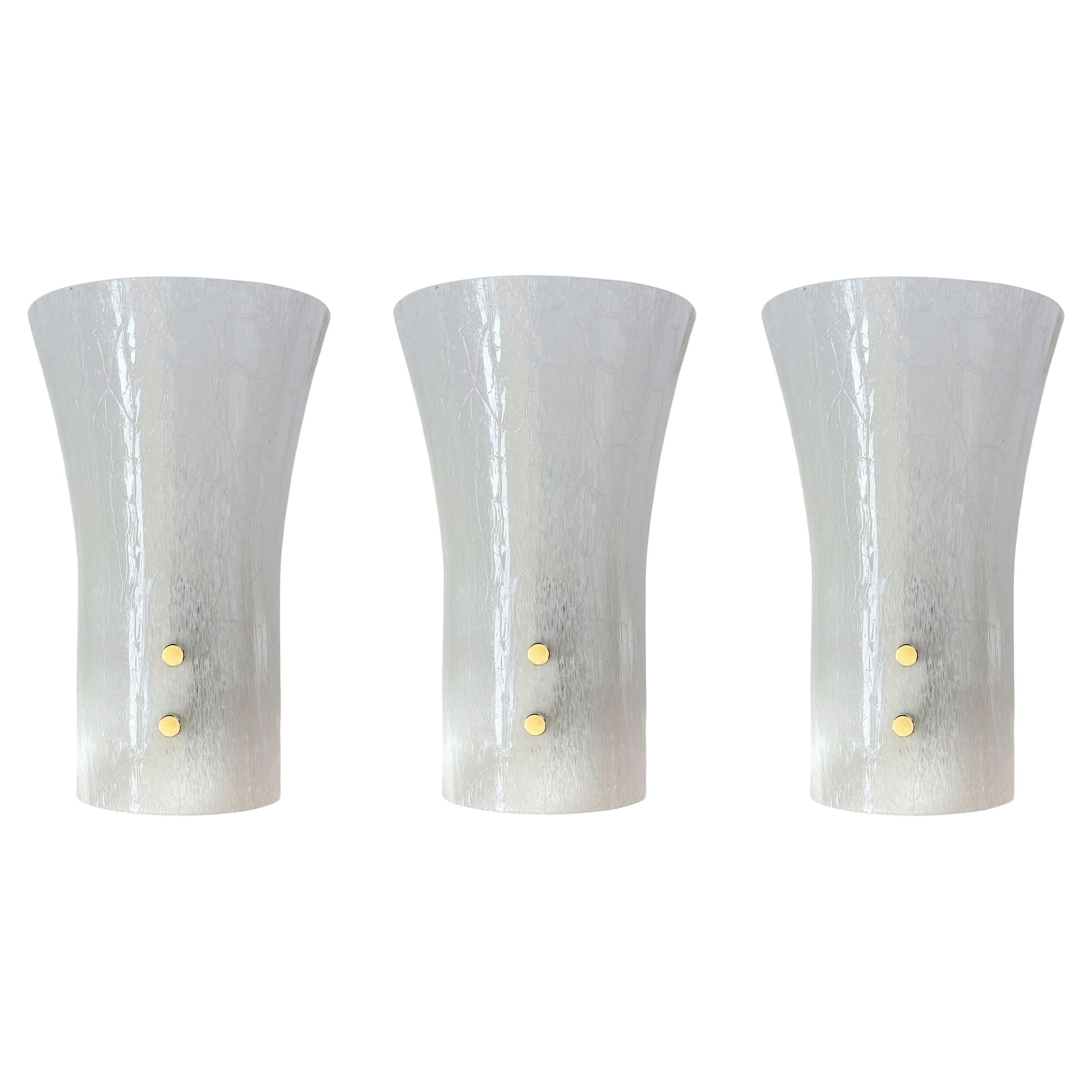 Set of 3 White Cone Murano Wall Sconces Glass & Brass by Doria, Germany, 1960s For Sale