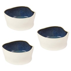Set of 3, White & Dark Blue Small Ceramic Kawa Dish, Textured Porcelain Catchall