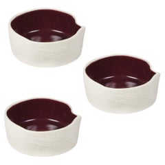 Set of 3, White & Dark Red Small Ceramic Kawa Dish, Textured Porcelain Bowl