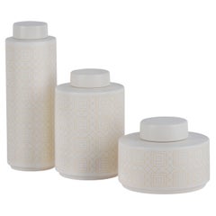 Set of 3 White Gold Ceramic Pots w/ Lid , Handmade in Portugal by Lusitanus Home