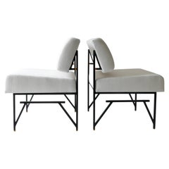 Set of 3 White Italian Lounge Chairs, Black Iron Structure, 1960s