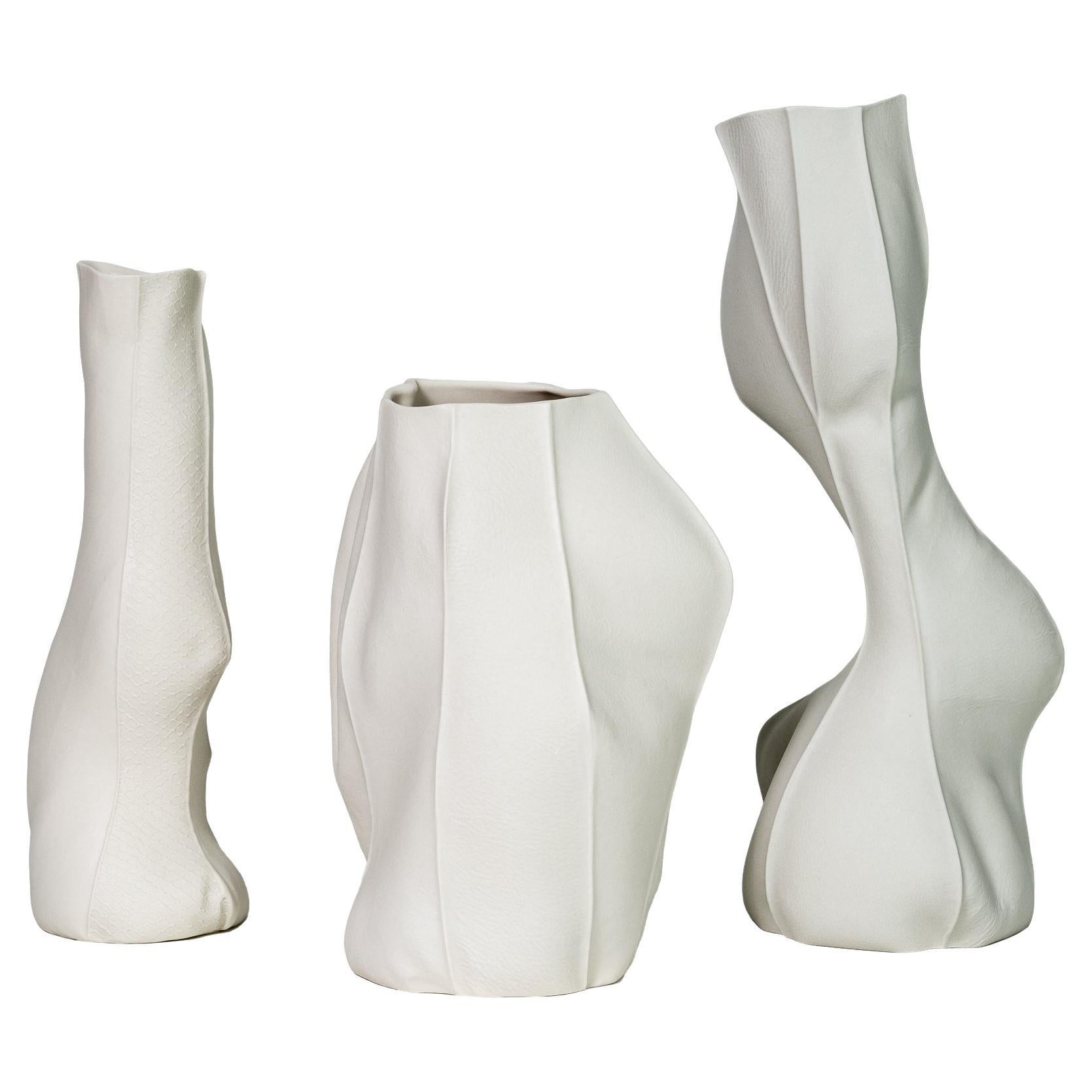 Set of 3 White Organic Vases, Kawa Vases, sculptural, abstract, ceramic