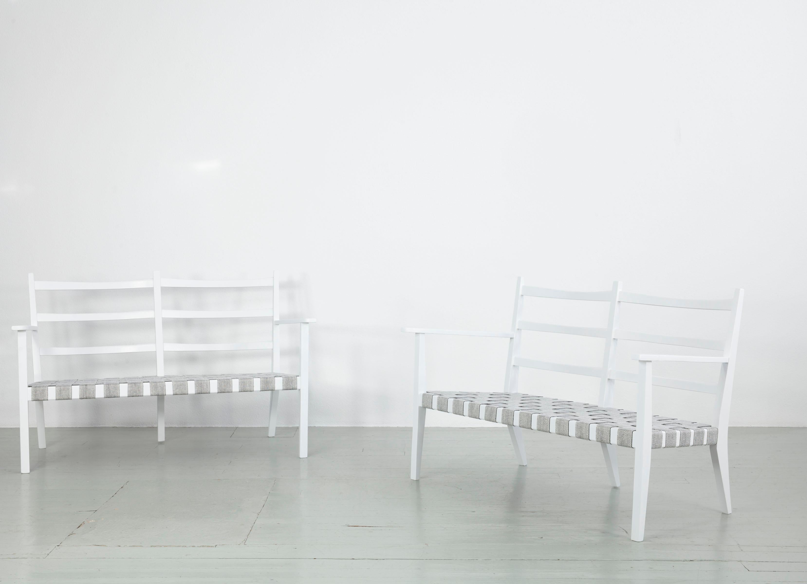 Set of 3 White Painted Wooden Benches with 1 Armchair, Italy, 1960s For Sale 4