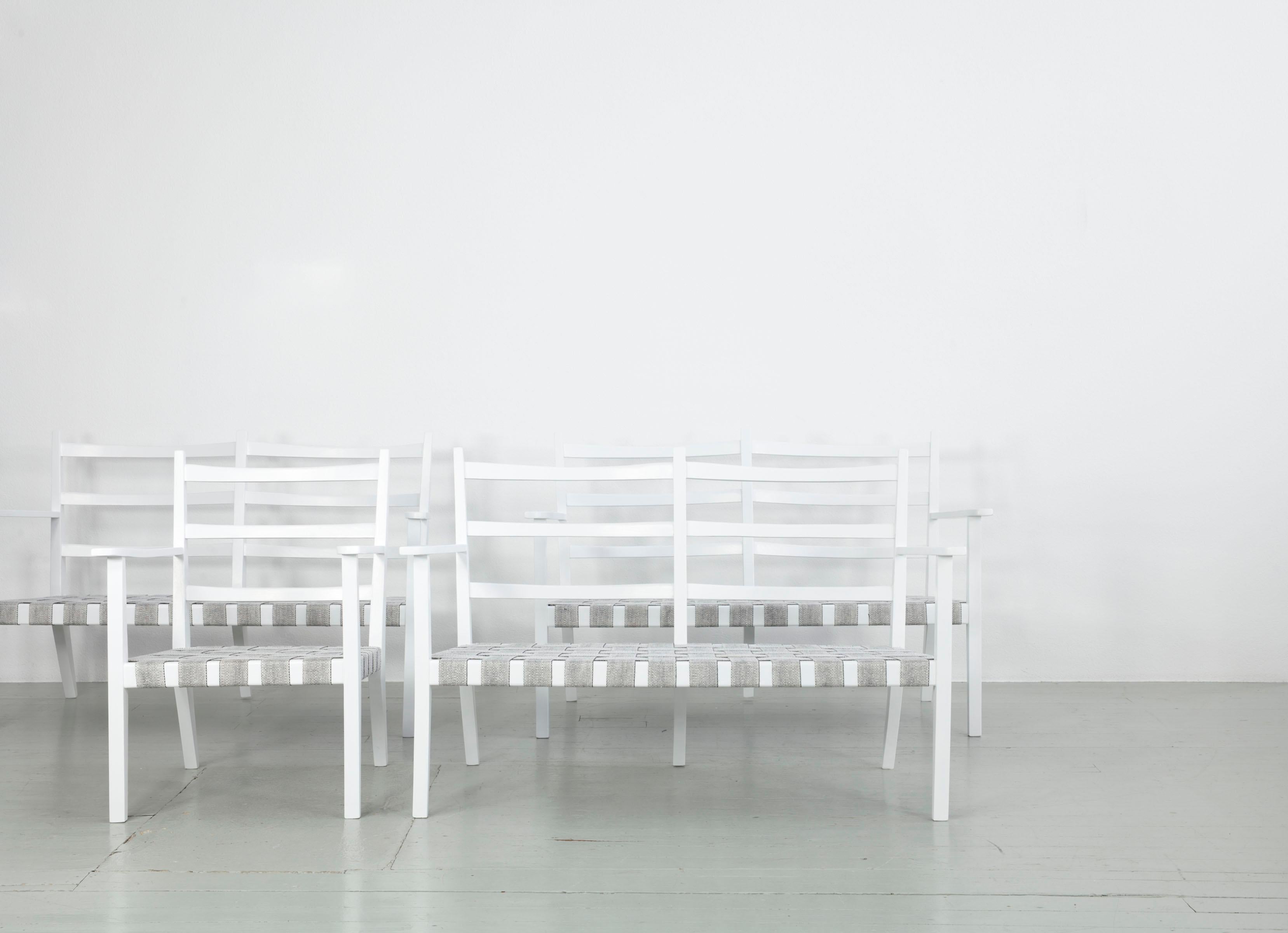 Set of 3 White Painted Wooden Benches with 1 Armchair, Italy, 1960s For Sale 8