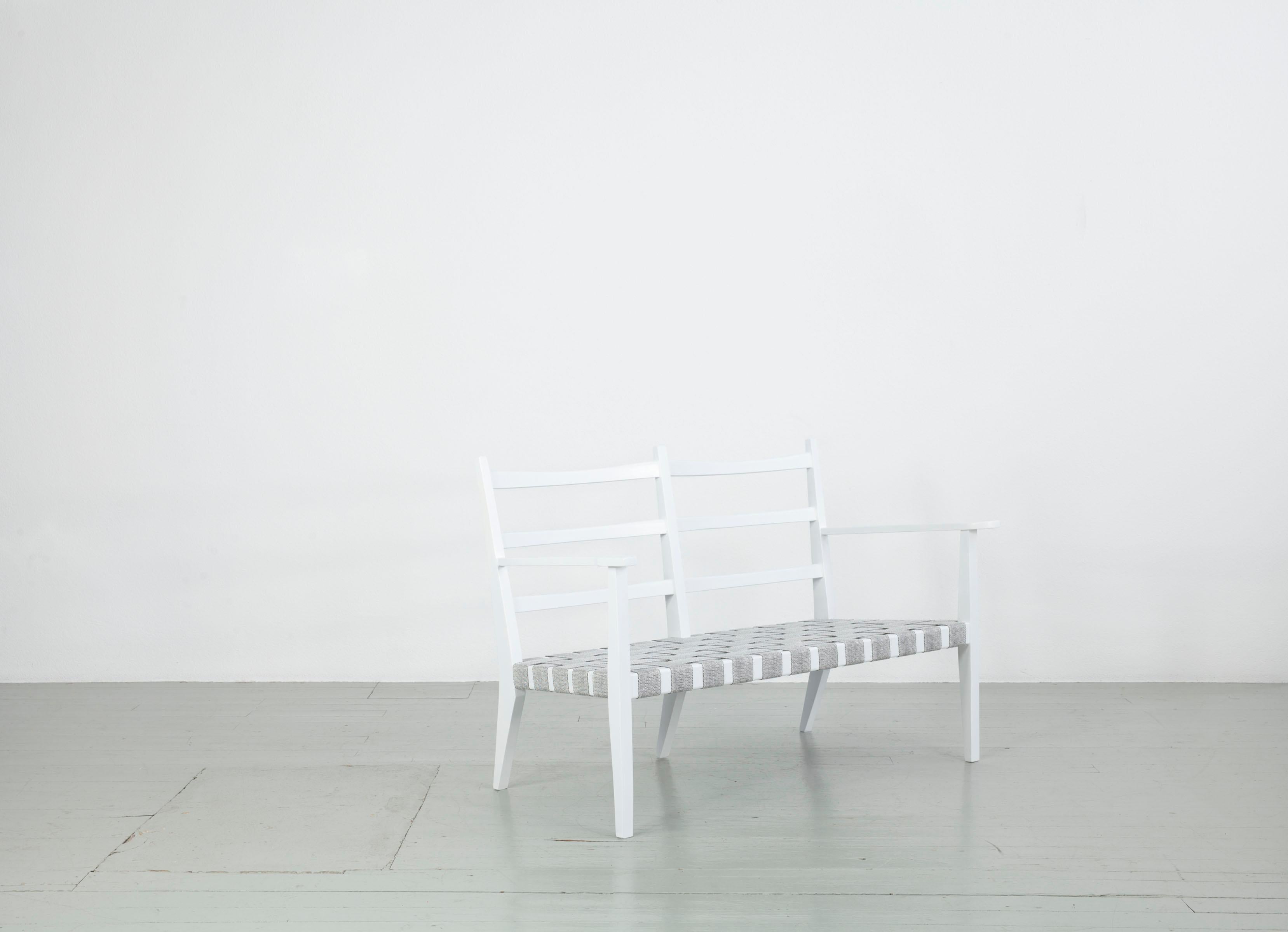 Mid-Century Modern Set of 3 White Painted Wooden Benches with 1 Armchair, Italy, 1960s For Sale