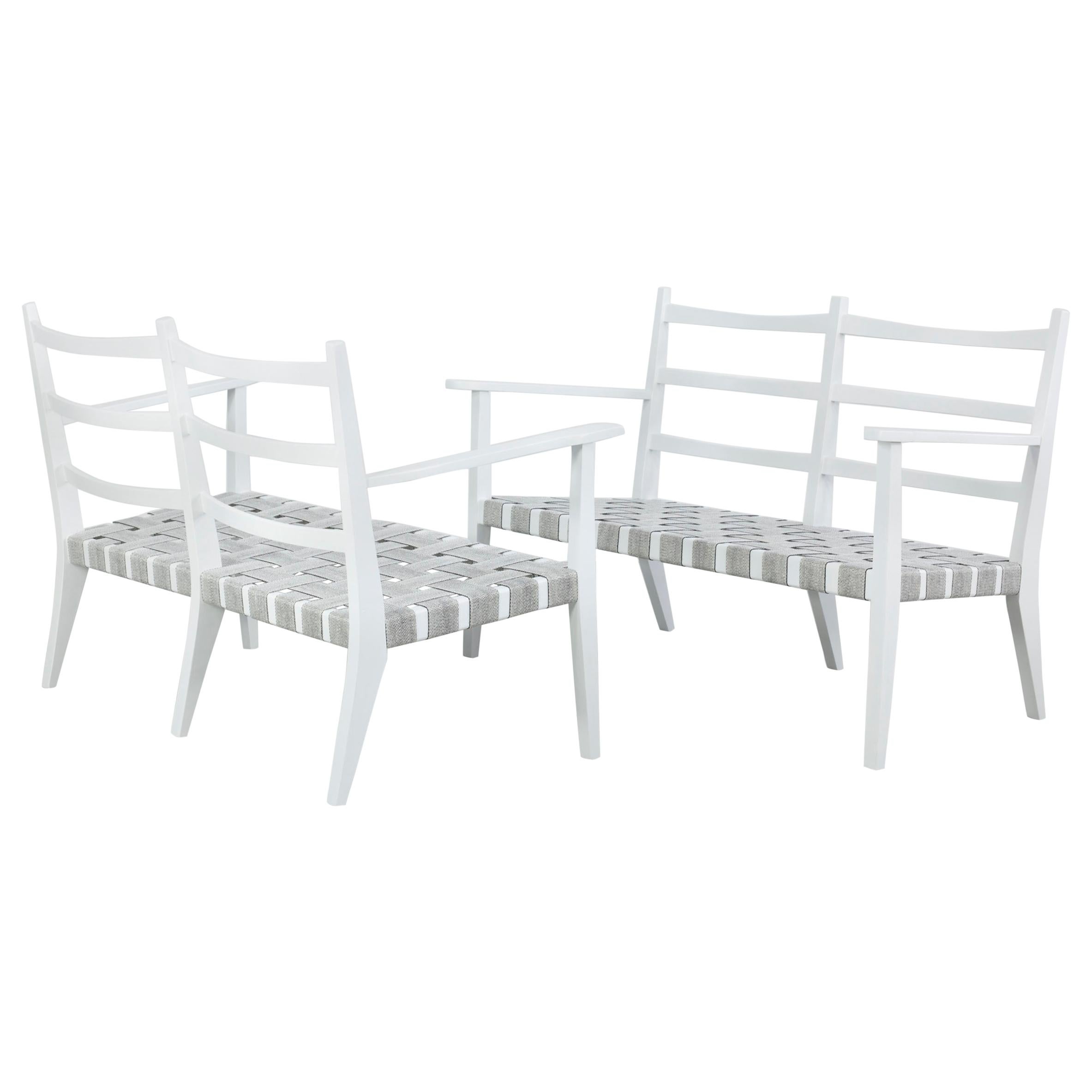Set of 3 White Painted Wooden Benches with 1 Armchair, Italy, 1960s For Sale