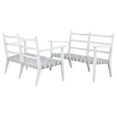 Vintage Set of 3 White Painted Wooden Benches with 1 Armchair, Italy, 1960s