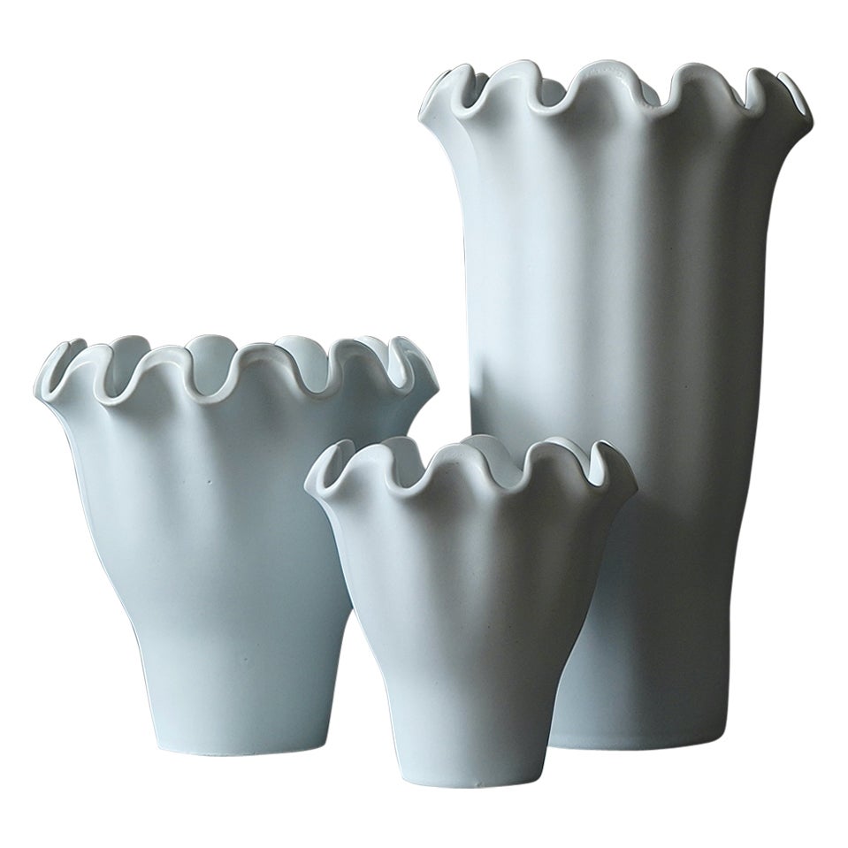 Set of 3 White 'Vaga' Vases by Wilhelm Kage for Gustavsberg, Sweden, 1940s