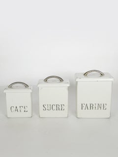 Set of 3 White Wooden and Metal Kitchen Canisters, France, 1950s