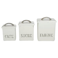 Set of 3 White Wooden and Metal Kitchen Canisters, France, 1950s