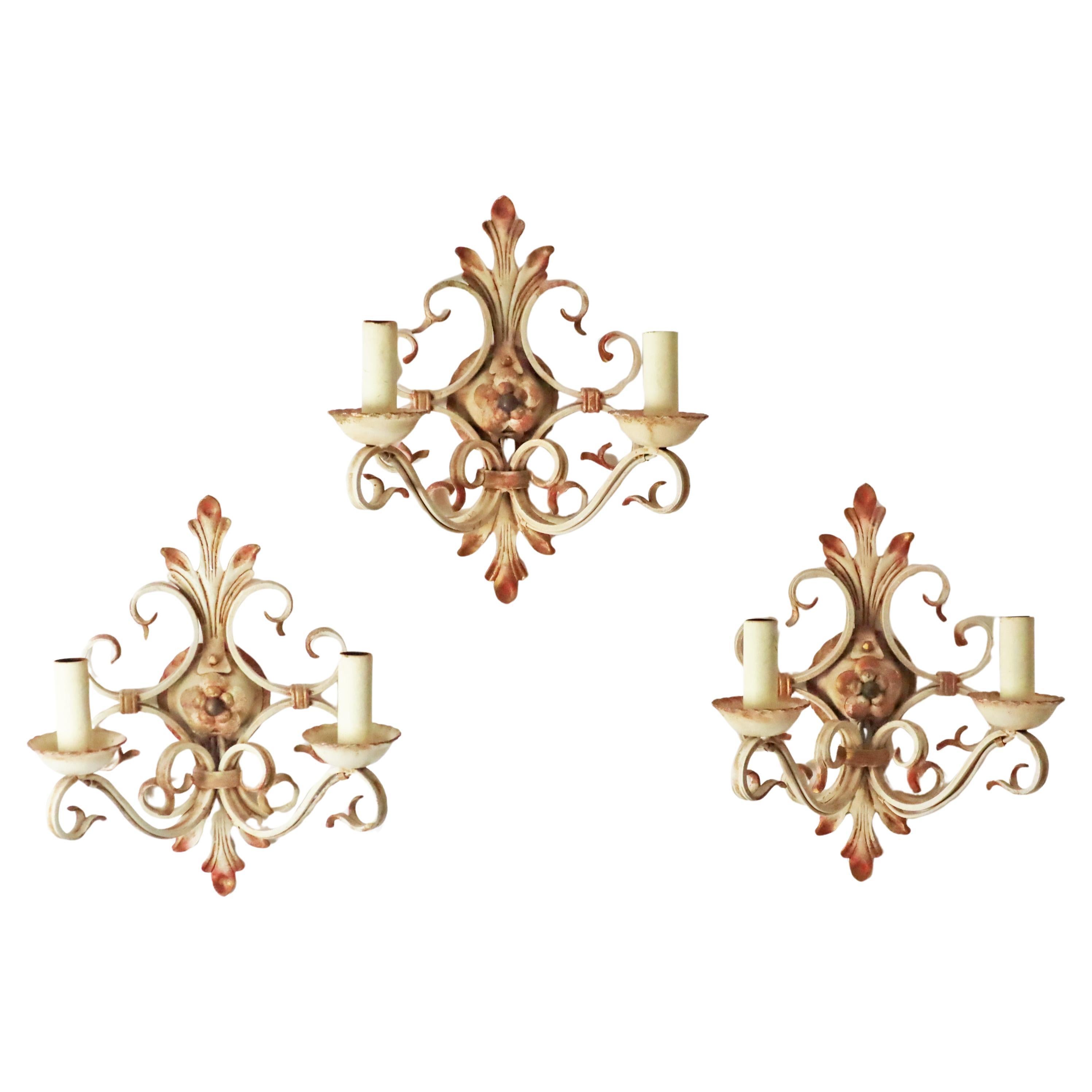 Set of 3 White Wrought Iron Hollywood Regency Wall Lights, Germany 1970s