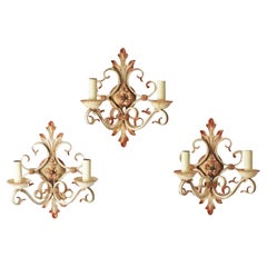 Satz von 3 weißen schmiedeeisernen Hollywood Regency Wall Lights, Deutschland 1970er Jahre