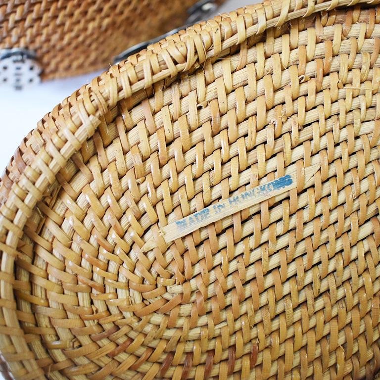 Set of 3 Wicker Nesting Fishing Baskets with Handles Hong Kong, circa 1960 In Good Condition In Oklahoma City, OK