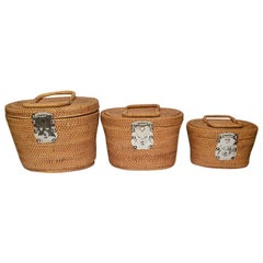 Retro Set of 3 Wicker Nesting Fishing Baskets with Handles Hong Kong, circa 1960