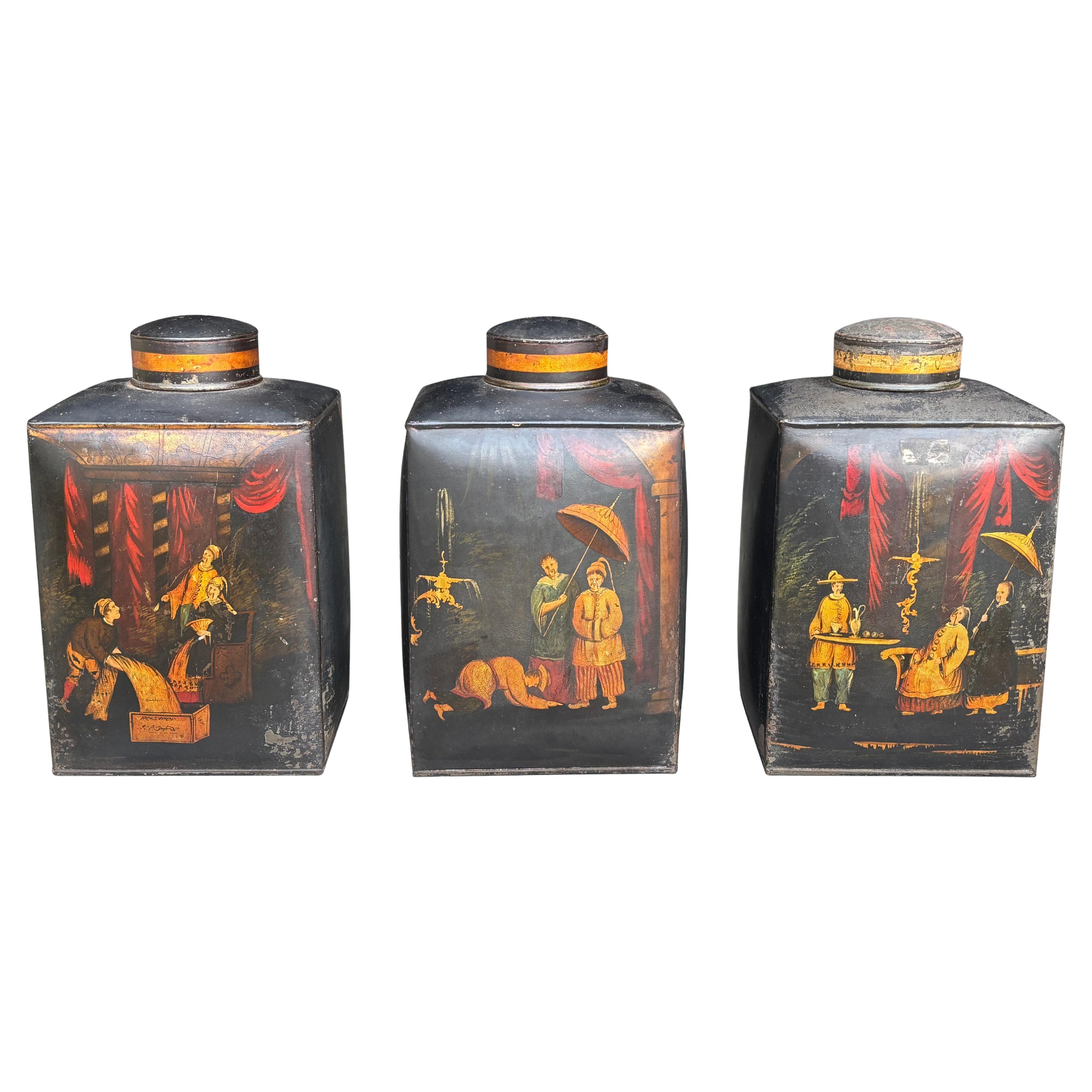 Set of 3 William IV Period Painted Toleware Shop Tea Canisters