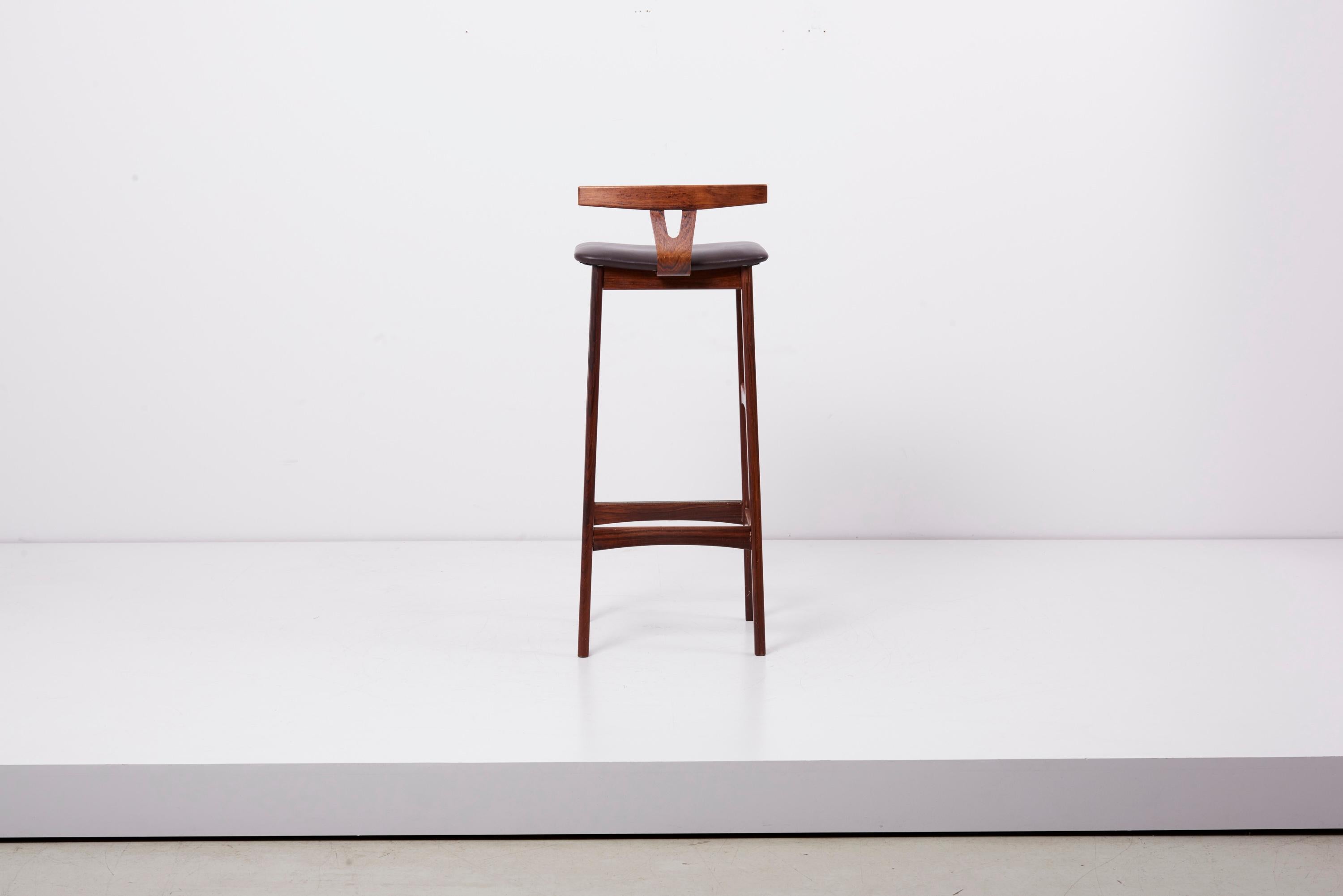 20th Century Set of 3 Wood and Leather Barstools by Erik Buch for Dyrlund, Denmark, 1960s
