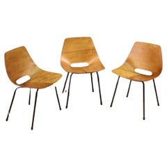 Set of 3 Wood and Metal Design French Tonneau chairs by Pierre Guariche, 1950s
