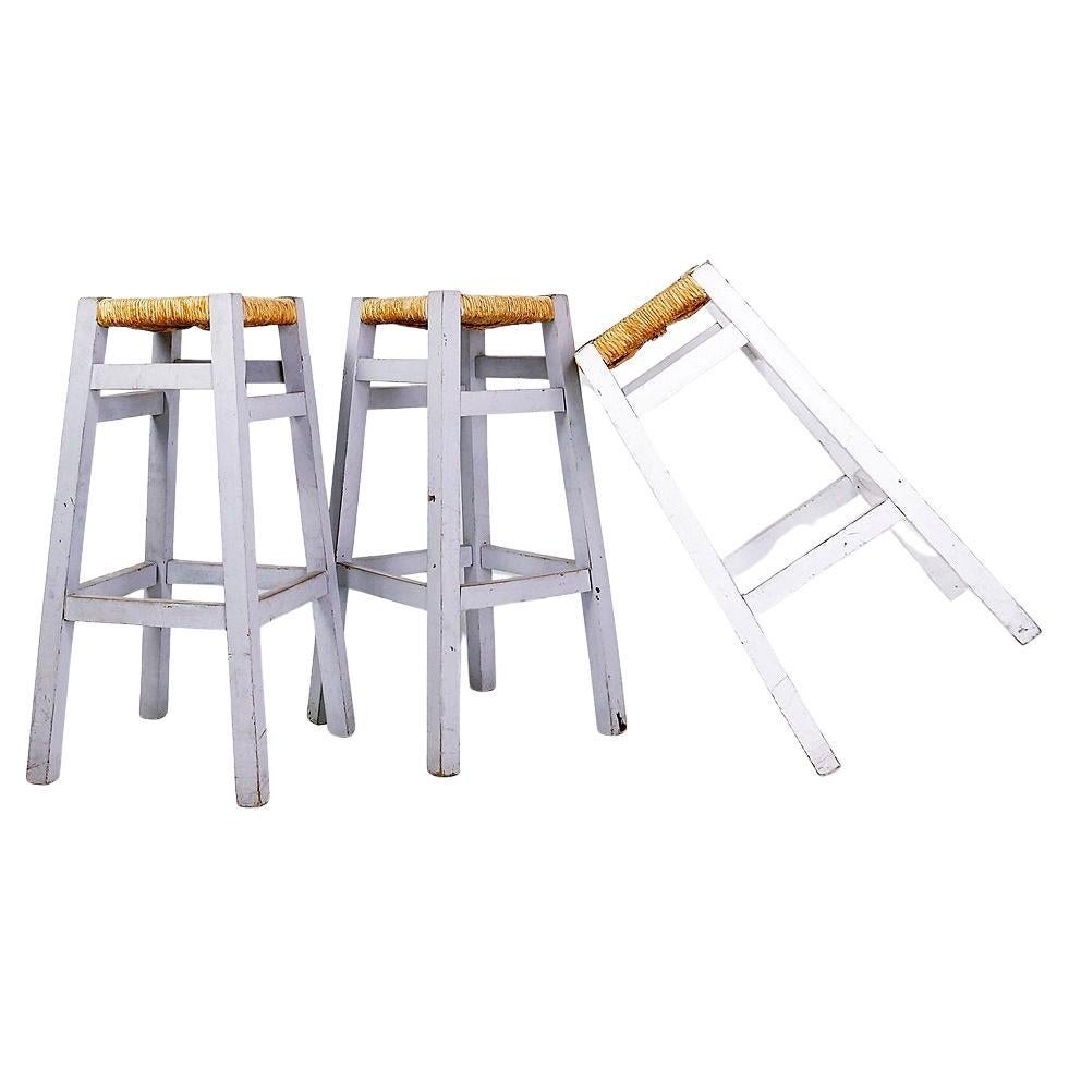 Set of 3 Wood Framed Rush Seat Bar Stools