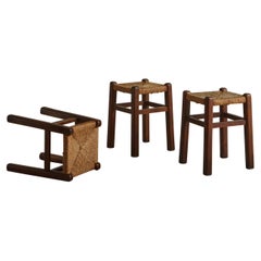 Set of 3 Wood + Rope Stools, France, 20th Century