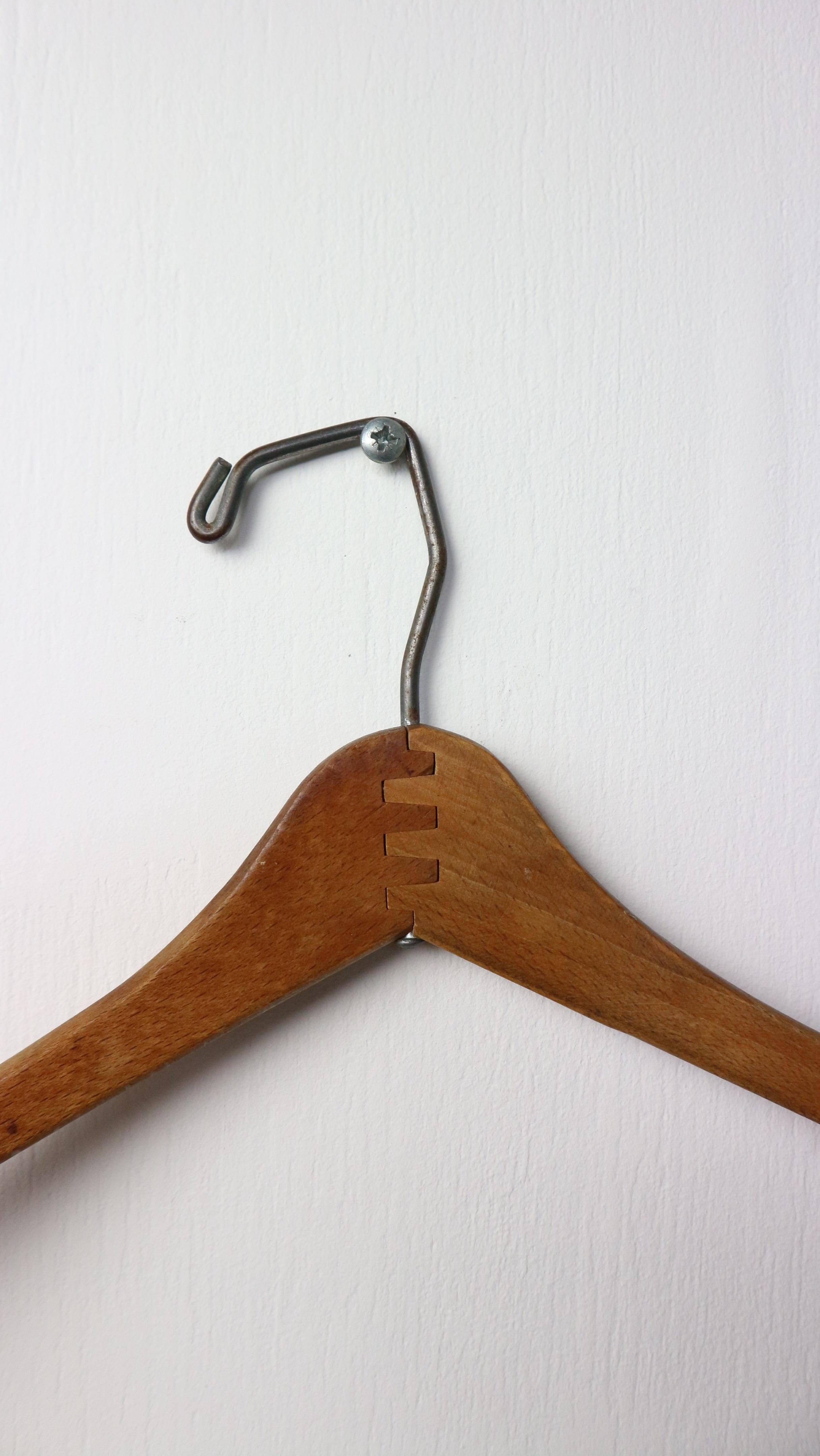 Industrial set of 3 wooden clothing hanger from the 1960s handmade decorative For Sale