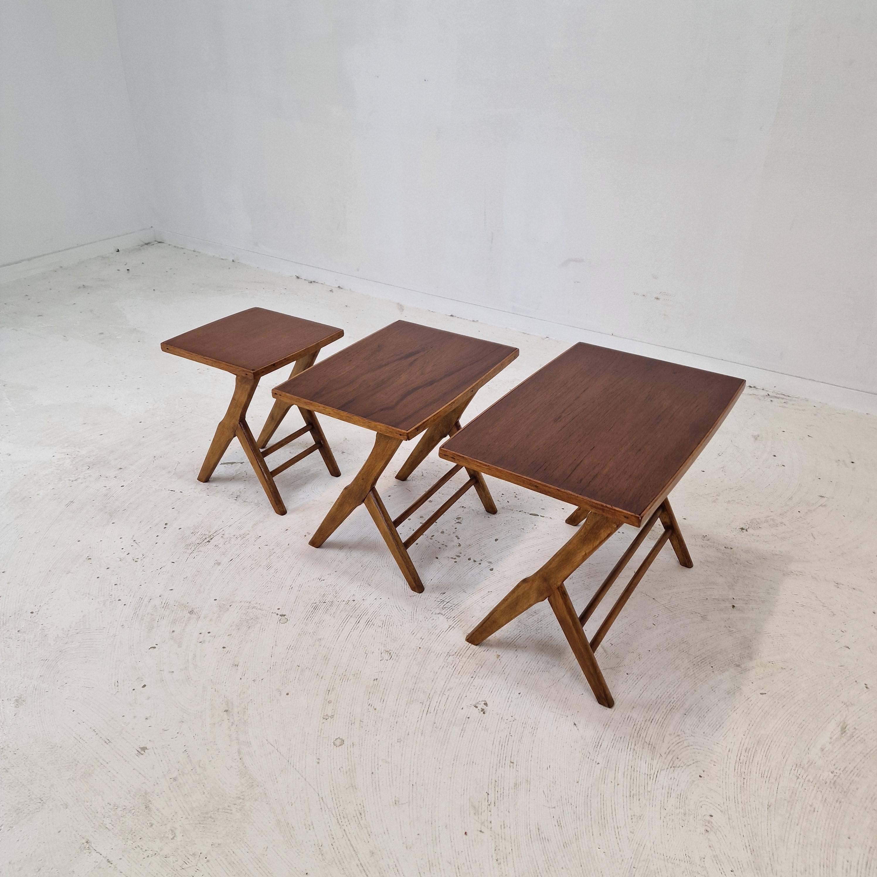 Dutch Set of 3 Wooden Nesting Tables, Holland 1960s For Sale