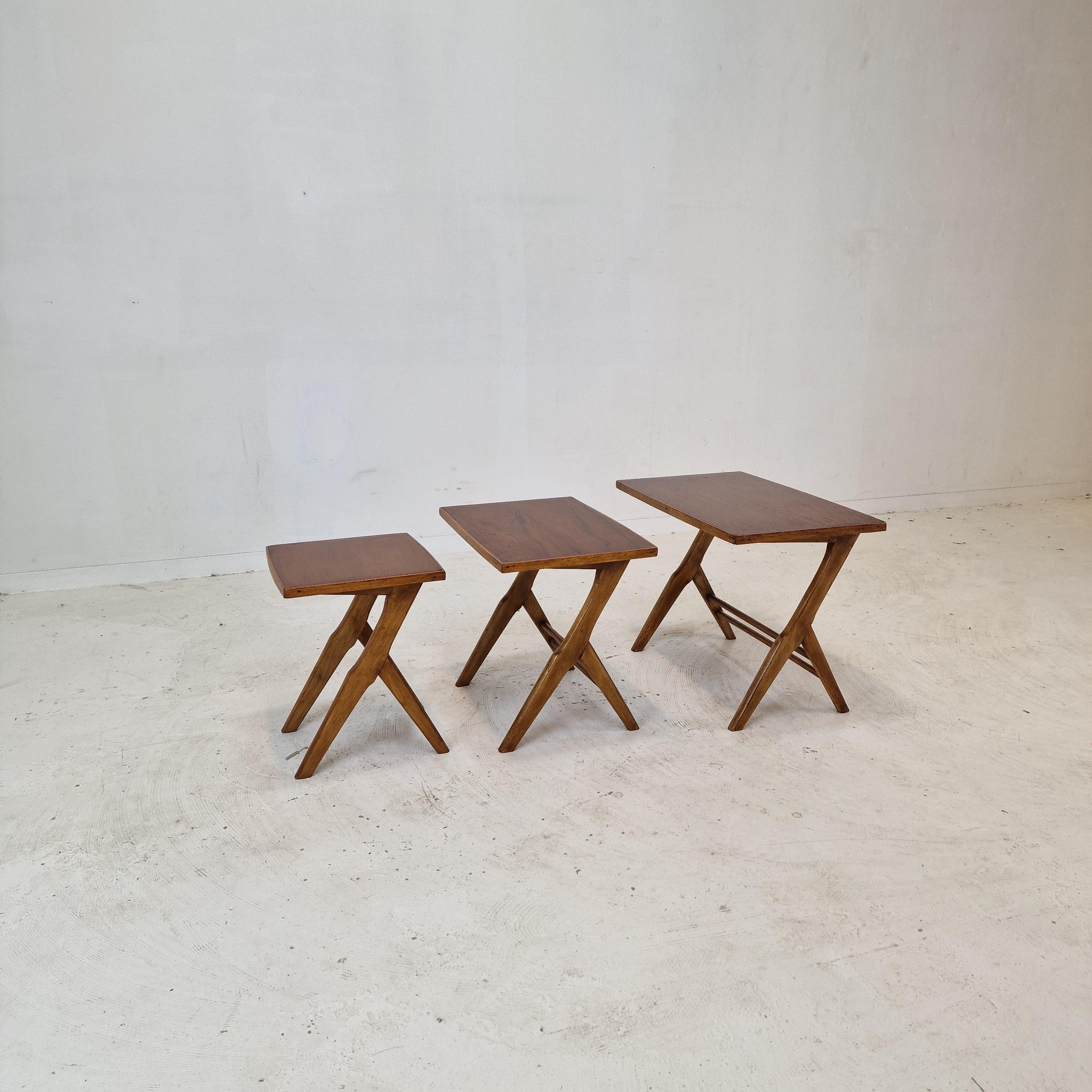 Hand-Crafted Set of 3 Wooden Nesting Tables, Holland 1960s For Sale