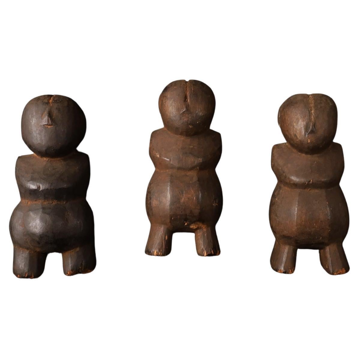 Set of 3 Wooden Tribal Figures — Papier-Mâché Molds, Myanmar, 19th Century
