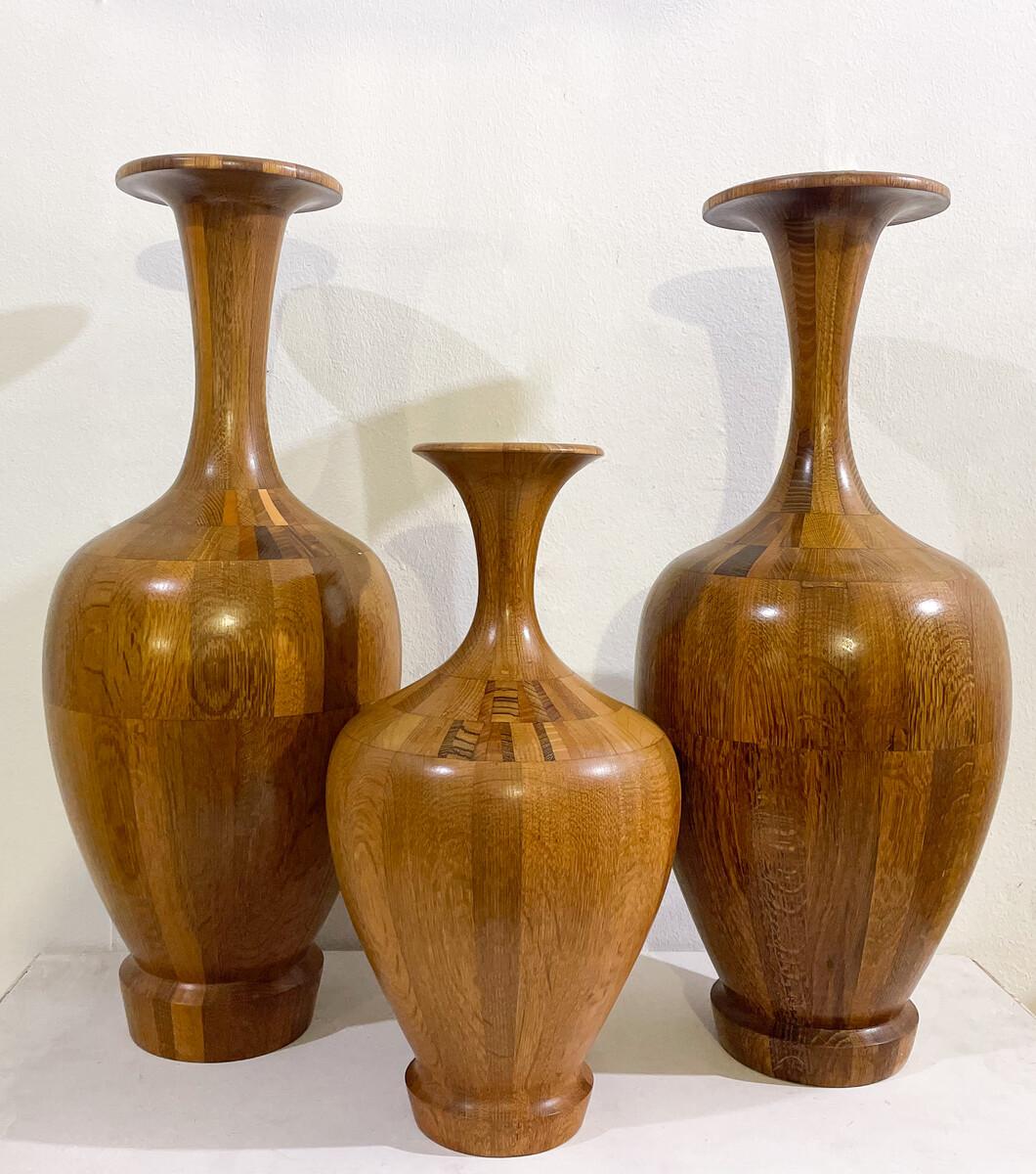 Milieu du XXe siècle Ensemble de 3 vases en bois par De Coene, années 1950 en vente