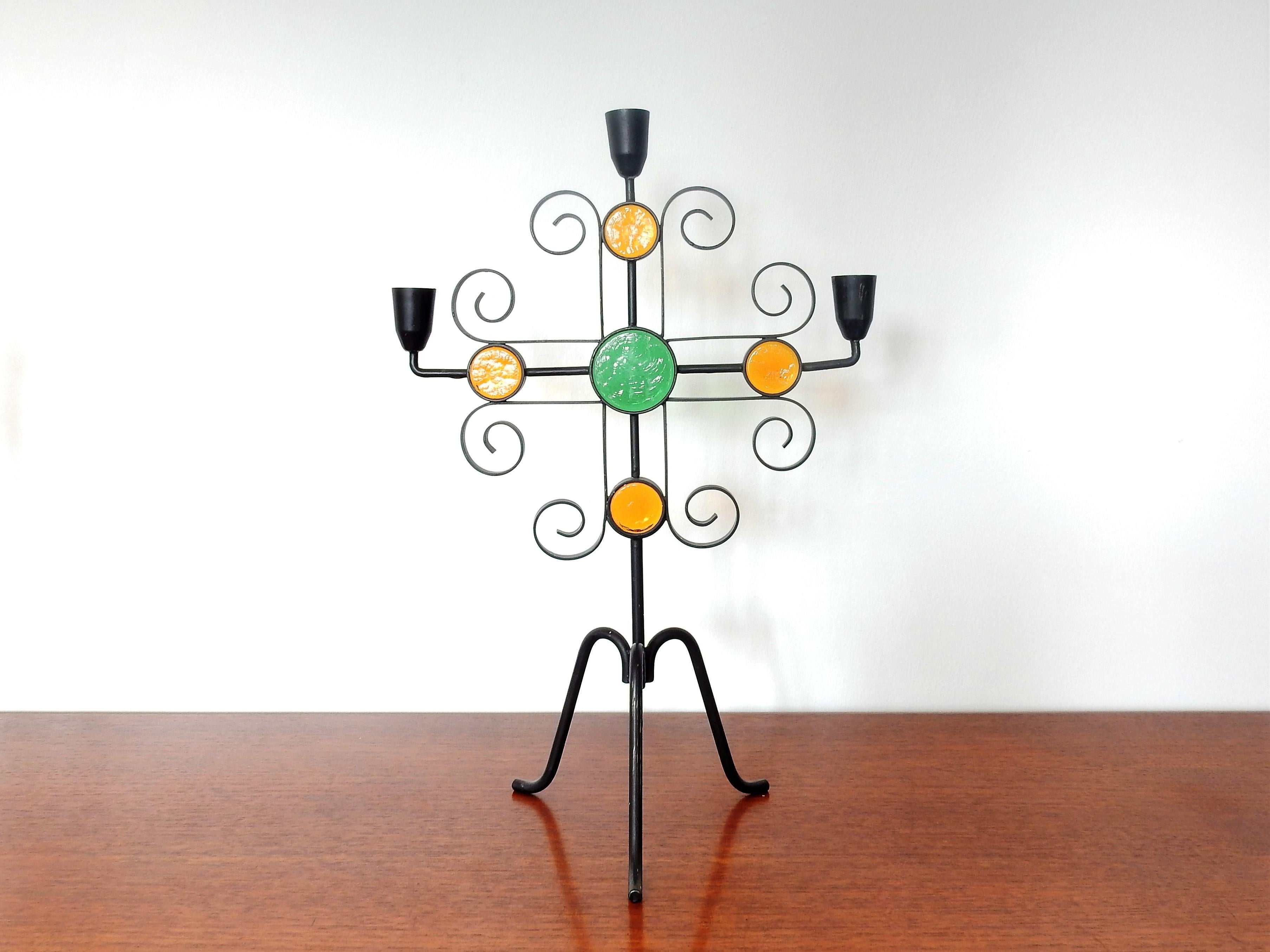 Mid-Century Modern Set of 3 Wrought Iron and Glass Candelabra by Gunnar Ander for Ystad Metall For Sale