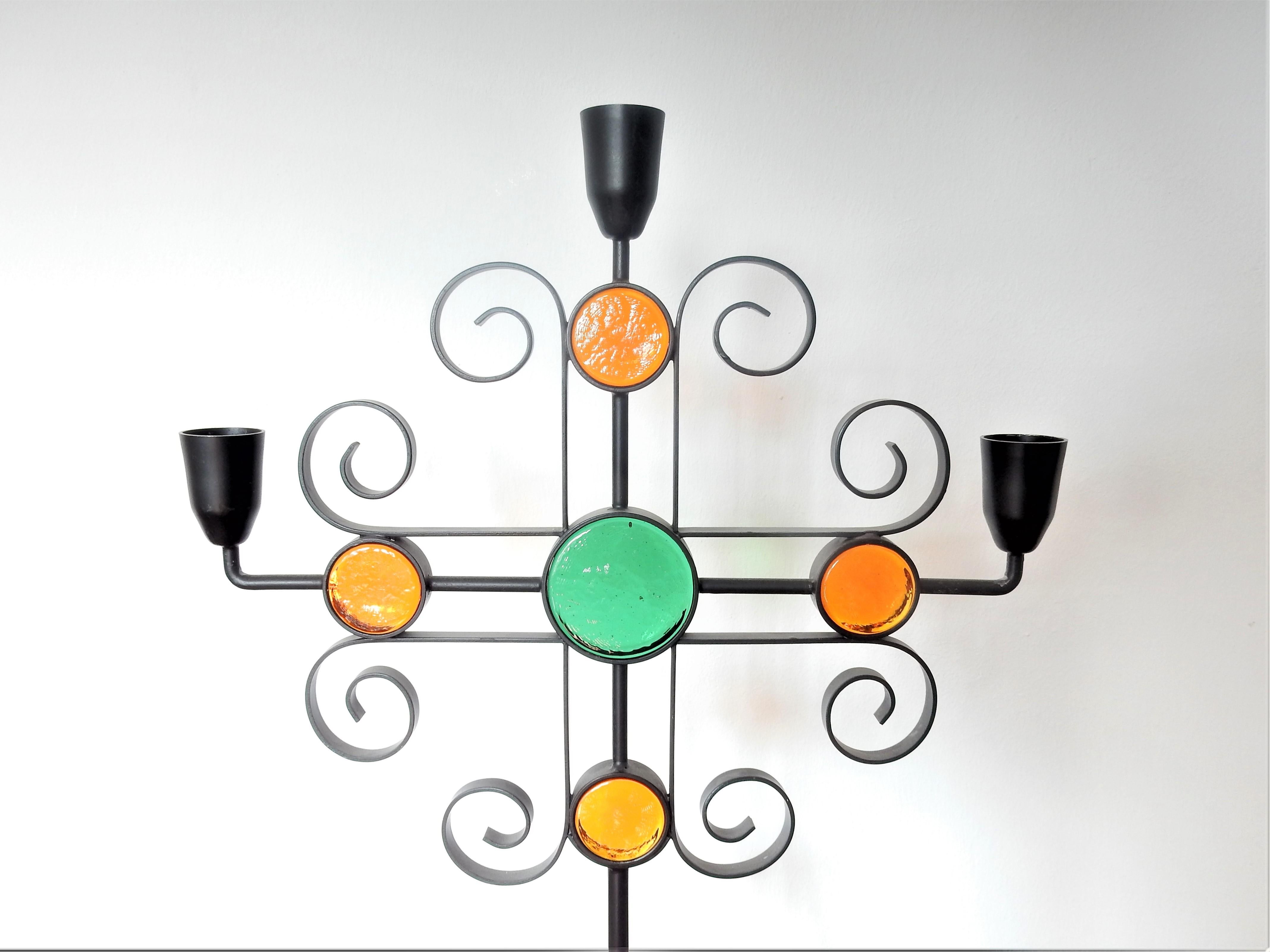 Swedish Set of 3 Wrought Iron and Glass Candelabra by Gunnar Ander for Ystad Metall For Sale