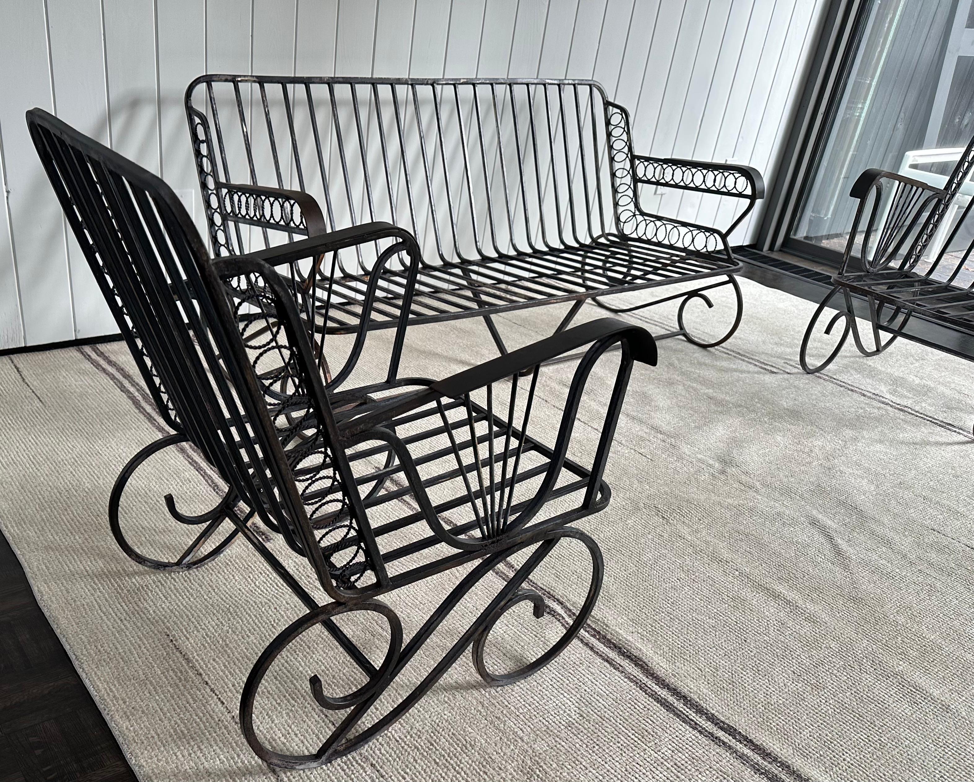 Set of 3 Wrought Iron Deco Style Sofa & Chairs Garden Furniture Set For Sale 13